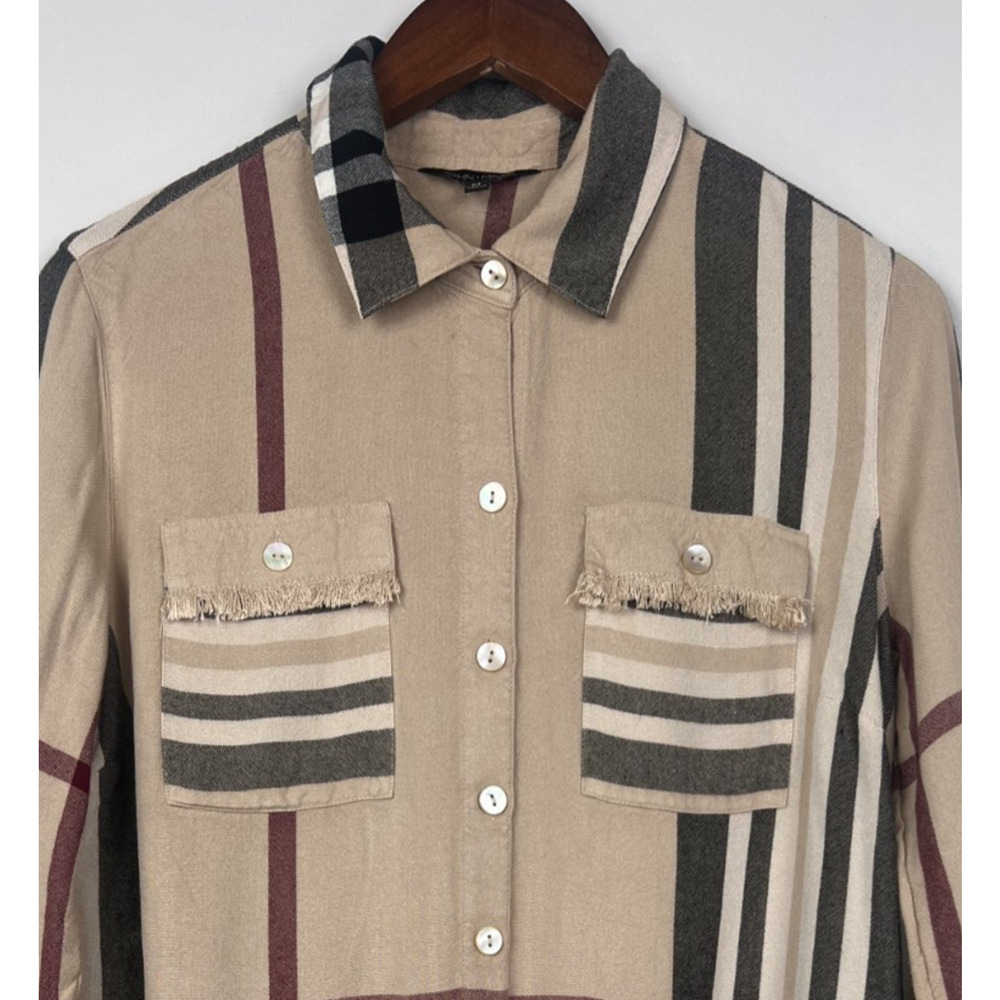 JHON.MARK PLaid Button Down Shirt M Tan Black Check Long Sleeve Frayed Hem - Picture 9 of 9